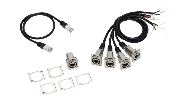 Adapterkabel-Set für grandMA3 4Port Node DIN-Rail, DMX über RJ45, (4x Kabel DMX/RJ45 (Länge 0.5m), 1x Kabel RJ45, 1x Einbaubuchse etherCON/RJ45 auf RJ45)