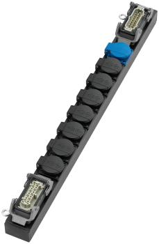 Slimline Lastverteiler Aluminium, Eingang Han 16E, Ausgang 8 x Schuko und 1 x Han 16E, verkabelt, schwarz