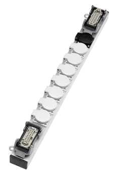 Slimline Lastverteiler Aluminium, Eingang 1 x Han 16E, Ausgang 8 x Schuko und 1 x Han 16E, verkabelt, silber
