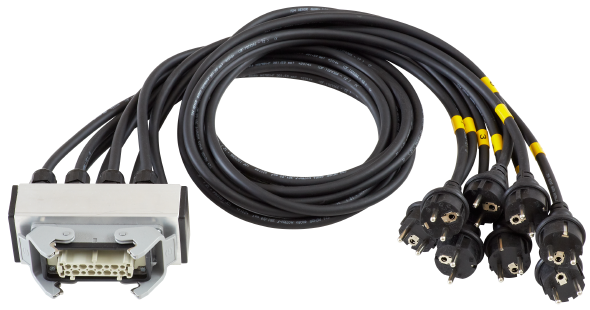 Splitbox, 8 x Schuko-Stecker auf 1x Harting Han 16E female, Kabel je 3 x 1,5mm²