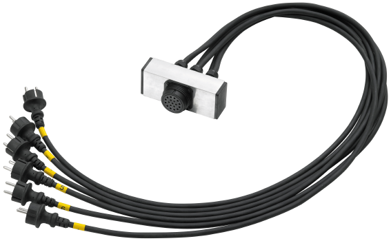 Splitbox, 6 x Schuko-Stecker auf 1 x ICP 19-pol. Steckverbinder female, Kabel je 3 x 1,5mm²