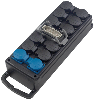 Lastverteilerbox Vollgummi, Eingang 1 x Harting Han 16E, Ausgang 12 x Schuko, 6-kanalig, verkabelt