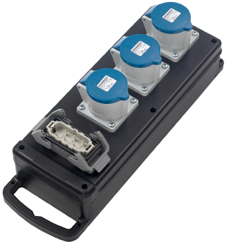 Lastverteilerbox Vollgummi, Eingang 1 x Harting HsB6, Ausgang 3 x CEE17 L+N+PE 32A, verkabelt