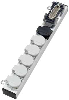 Slimline Lastverteiler Aluminium, Eingang 1 x Harting Han 16E, Ausgang 6 x Schuko, verkabelt, silber