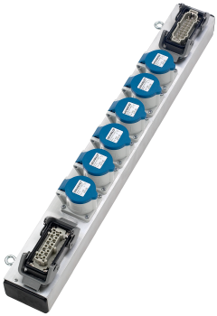 Slimline Lastverteiler Aluminium, Eingang 1 x Harting Han 16E, Ausgang 6 x CEE17 L+N+PE 16A, 1 x Harting Han 16E, verkabelt, silber