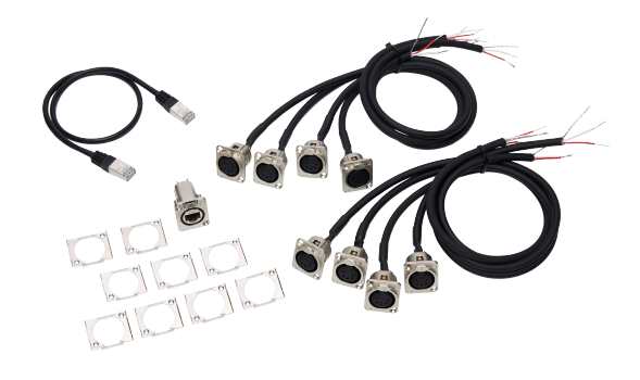 Adapterkabel-Set für grandMA3 8Port Node DIN-Rail, DMX über XLR 5-pol., (8x Kabel DMX/XLR5 (Länge 0.5m), 1x Kabel RJ45, 1x Einbaubuchse etherCON/RJ45 auf RJ45)