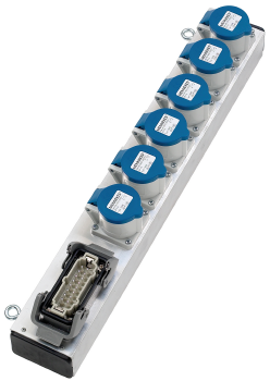 Slimline Lastverteiler Aluminium, Eingang 1 x Harting Han 16E, Ausgang 6 x CEE17 L+N+PE 16A, verkabelt, silber