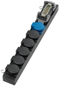 Slimline Lastverteiler Aluminium, Eingang Harting Han 16E, Ausgang 6 x Schuko, verkabelt, schwarz
