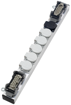 Slimline Lastverteiler Aluminium, Eingang 1 x Harting Han 16E, Ausgang 6 x Schuko, 1 x Harting Han 16E, verkabelt, silber