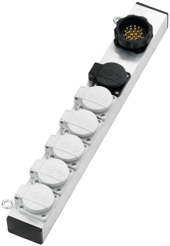 Slimline Lastverteiler Aluminium, Eingang 19-pol. Steckverbinder male, Ausgang 6 x Schuko, verkabelt, silber
